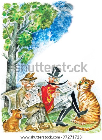 Cute seniors with pets. Two senior men reading newspapers on a park bench, their pets: dog and tiger resting near.