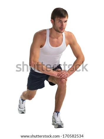 male sportsman doing actively exercise isolated on white background