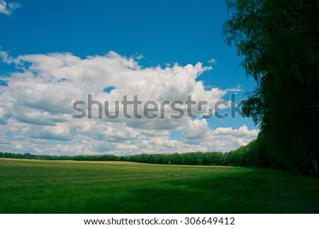 rural landscape with clouds green field, spring season