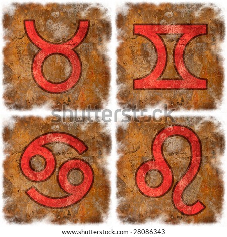 highly Detailed textured grunge background frame with zodiac symbols: Taurus, Gemini, Cancer and Leo