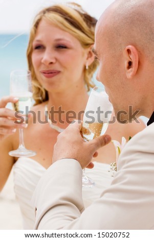 Groom looking at his new wife with champagne and love!