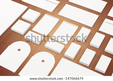 Blank Stationery Branding Template on wooden background. Consist of Business cards, letterhead a4,  envelopes, folder, notes and cd disk.