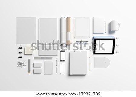 Blank corporate identity set / Stationery / Branding. Consist of letterhead, folder, book, note, phone, tablet pc, business cards, cup, pen, pencil, cd, buttons, envelope, tubus.