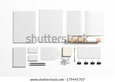 Blank stationery set isolated on white. Consist of folder, book, note, magazine, business cards, penl, cd disk, buttons, envelopes, tubus.
