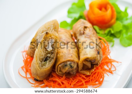 Spring roll, a large variety of filled, rolled appetizers or Dim Sum found in East Asian and Southeast Asian cuisine.