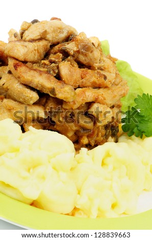 Traditional Russian Dish: Beef Stroganoff with Mashed Potato and Greens on Yellow Plate closeup