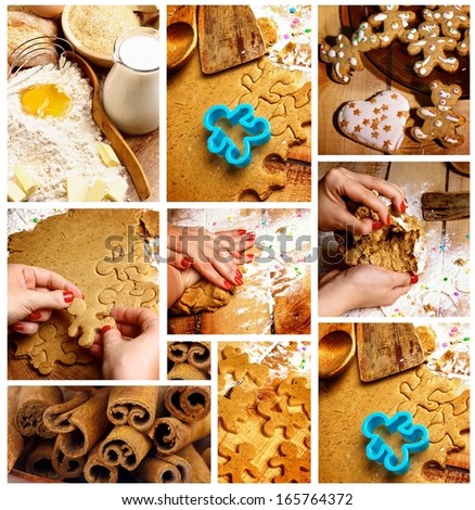 Collection of Preparing Gingerbread Cookies with Making Dough, Christmas Cookies and Ingredients  closeup