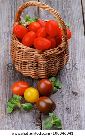 Arrangement of Various Ripe Red and Colorful Cherry Tomatoes with Corn Salad Leafs in Wicker Basket isolated on Rustic Wooden background