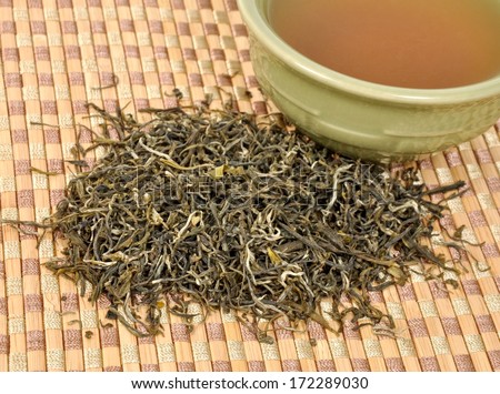 Loose green tea next to a cup of green tea. Type is spring bud green tea