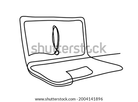 Abstract laptop with exclamation mark as line drawing on white background