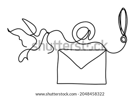 Abstract paper envelope with bird and exclamation mark as line drawing on white background. Vector
