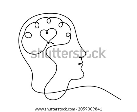 Man silhouette brain and heart as line drawing on white background. Vector
