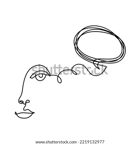Woman silhouette face with comment as line drawing picture on white. Vector