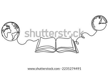 Abstract open book with clock as line drawing on white background. Vector