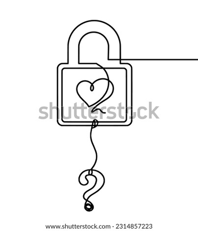 Abstract heart-lock with question mark as continuous line drawing on white background. Vector