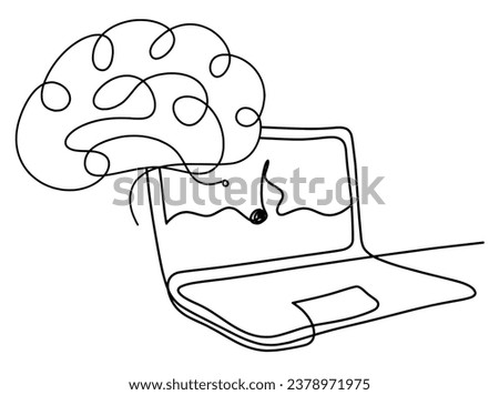 Abstract laptop and brain as line drawing on white background. Vector