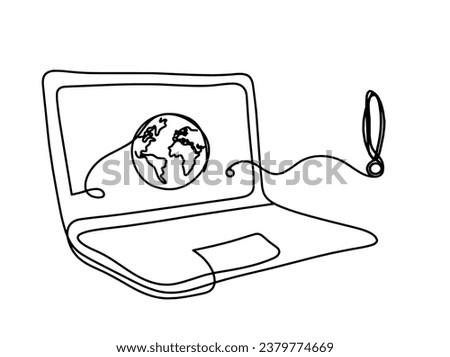 Abstract laptop and exclamation mark as line drawing on white background. Vector