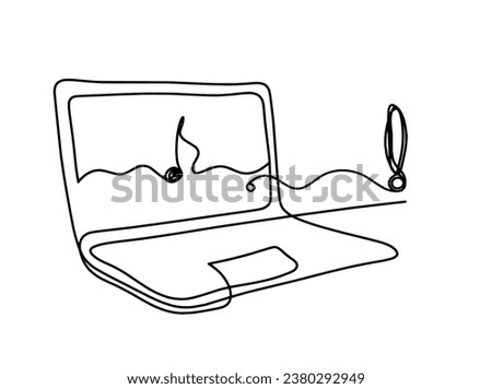 Abstract laptop and exclamation mark as line drawing on white background. Vector