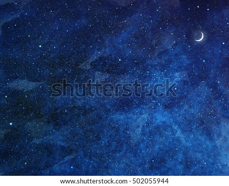 Night sky with stars and moon. Watercolor
