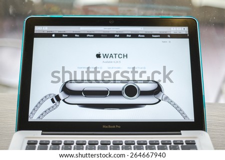 CHIANG MAI, THAILAND - March 10, 2015: Apple Computers website close up details on Apple Macbook Pro with the Apple Watch wearable technology device.