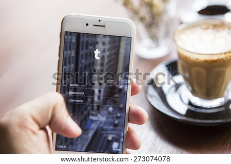 CHIANG MAI, THAILAND - APRIL 22, 2015: Tumblr micro-blogging service that allows users to post text messages on Apple iphone 6, images, videos, links, quotes and audio to their tumblelog.