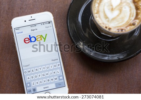 CHIANG MAI, THAILAND - APRIL 22, 2015: Close up of ebay app on a Apple iPhone 6 screen. ebay is one of the largest online auction and shopping websites.