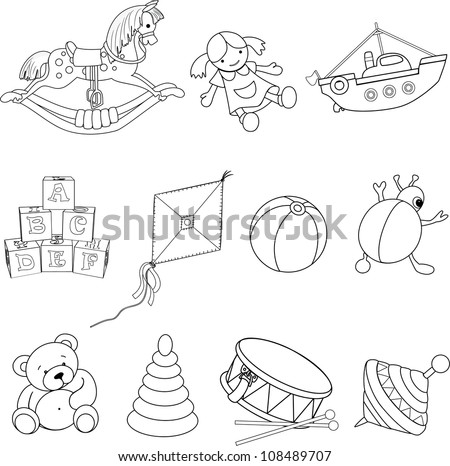 Set of outlined baby's toys . Vector illustration