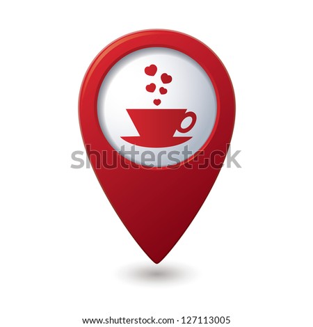 Cup with hearts dating icon on the red map pointer. Vector illustration