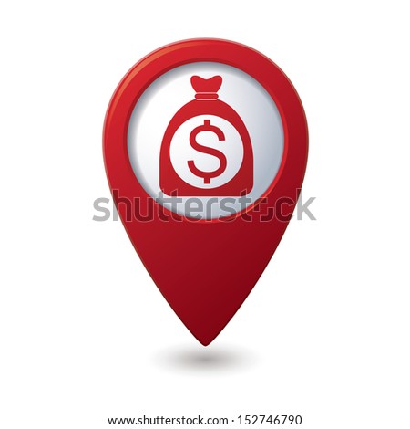 Money bag with dollar sign on red map pointer. Vector illustration