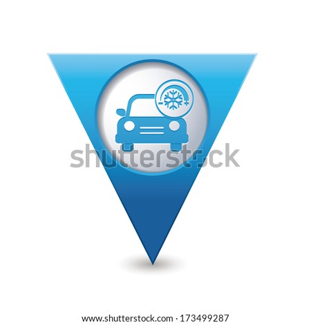 Car service. Car with air conditioner icon on blue triangular map pointer. Vector illustration