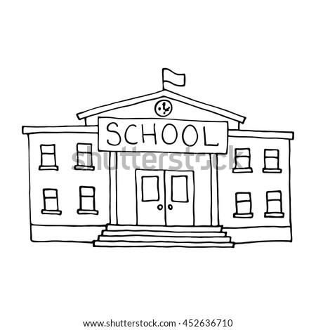 School building doodle. Outlined on white background.