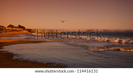 Pacific Ocean coast and beach at sunset near the harbor in Santa Cruz, California, USA
