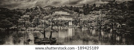 Black and white image of the Kinkakuji Temple (The Golden Pavilion) in Kyoto, Japan