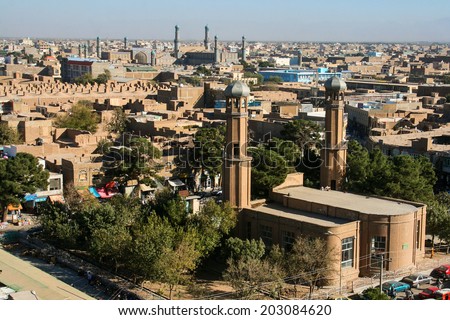 Buildings of Herat, Afghanistan. Herat is the third largest city of Afghanistan, with a population of about 450,000.