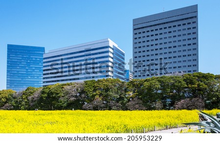 TOKYO - MARCH 24: View of skyscrapers from the Hama-rikyu Gardens in the Tokyo Bay area on March 24, 2014 in Tokyo, Japan. The Tokyo Bay region is the most populous and industrialized area in Japan.