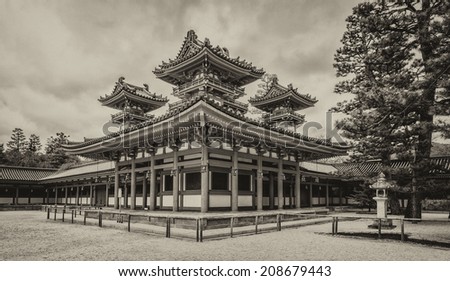 Vintage style black and white image of one of the buildings of the Heian-jingu Shrine in Kyoto, Japan. It is listed as an important cultural property of Japan.
