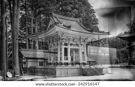 Vintage style black and white image of one of the buildings of the Danjo Garan Complex at Mount Koya in Koyasan, Japan.
