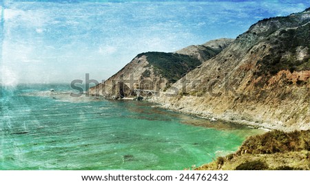 Vintage style image of the Pacific Coast Highway, Big Sur area, California