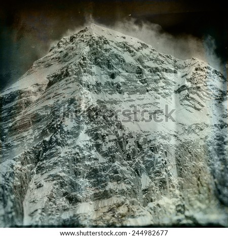 Vintage style image of the world's highest mountain, Mt Everest (8850m) in the Himalayas, Nepal.