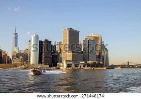 NEW YORK CITY, USA - APRIL 19: U.S. Coast Guard boat patrolling the Hudson River bay. April 19, 2015 in New York City, USA
