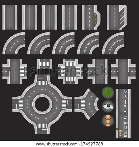 Set of Top View City Road Tiles, Overhead Road Elements