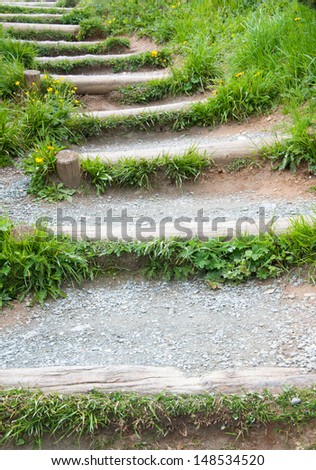 wooden steps - hiking path in the mountains
