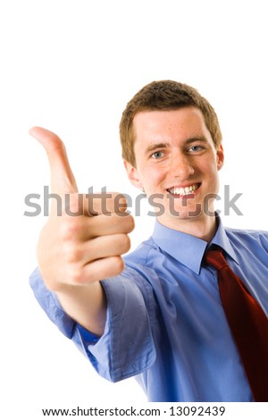 Young businessman showing thumb up and smile. Sign \