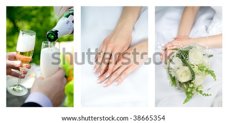Three wedding concept. Hands on the wedding dress close-up