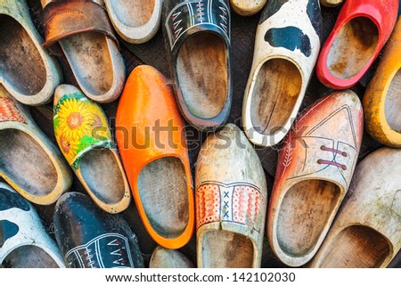 Set of different colorful vintage Dutch wooden clogs ストックフォト © 