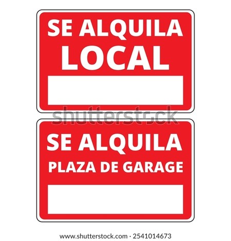 Se alquila local and se alquila plaza de garage signs on a white background (trad. Local for rent and parking space for rent)