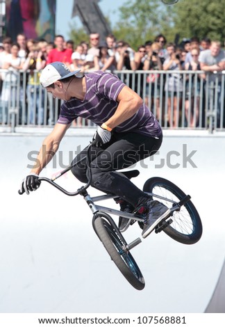 MOSCOW, RUSSIA - JULY 8: Denis Pavlov, Russia, in BMX competitions during Adrenalin Games in Moscow, Russia on July 8, 2012