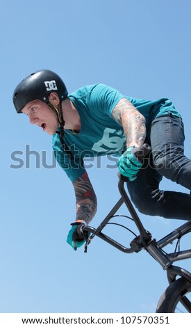 MOSCOW, RUSSIA - JULY 8: Pavel Terentiev, Russia, in BMX competitions during Adrenalin Games in Moscow, Russia on July 8, 2012