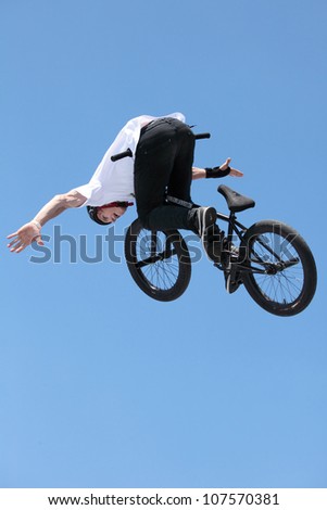 MOSCOW, RUSSIA - JULY 8: Maxim Chuprina, Russia, in BMX competitions during Adrenalin Games in Moscow, Russia on July 8, 2012