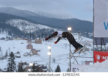 BUKOVEL, UKRAINE - FEBRUARY 23: Serhiy Berchun, Ukraine performs aerial skiing during Freestyle Ski World Cup in Bukovel, Ukraine on February 23, 2013.